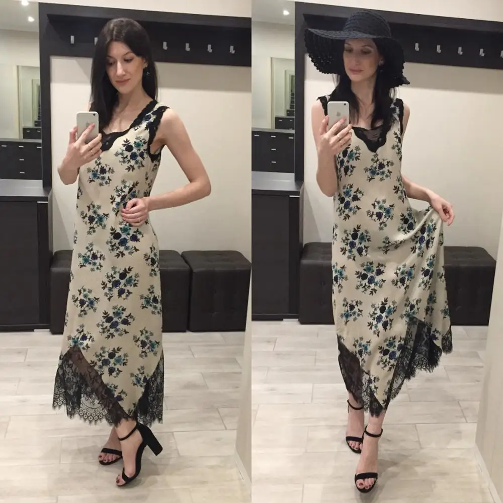 Кружевное женское платье 2018 летнее лоскутное кружевное цветочное без рукавов