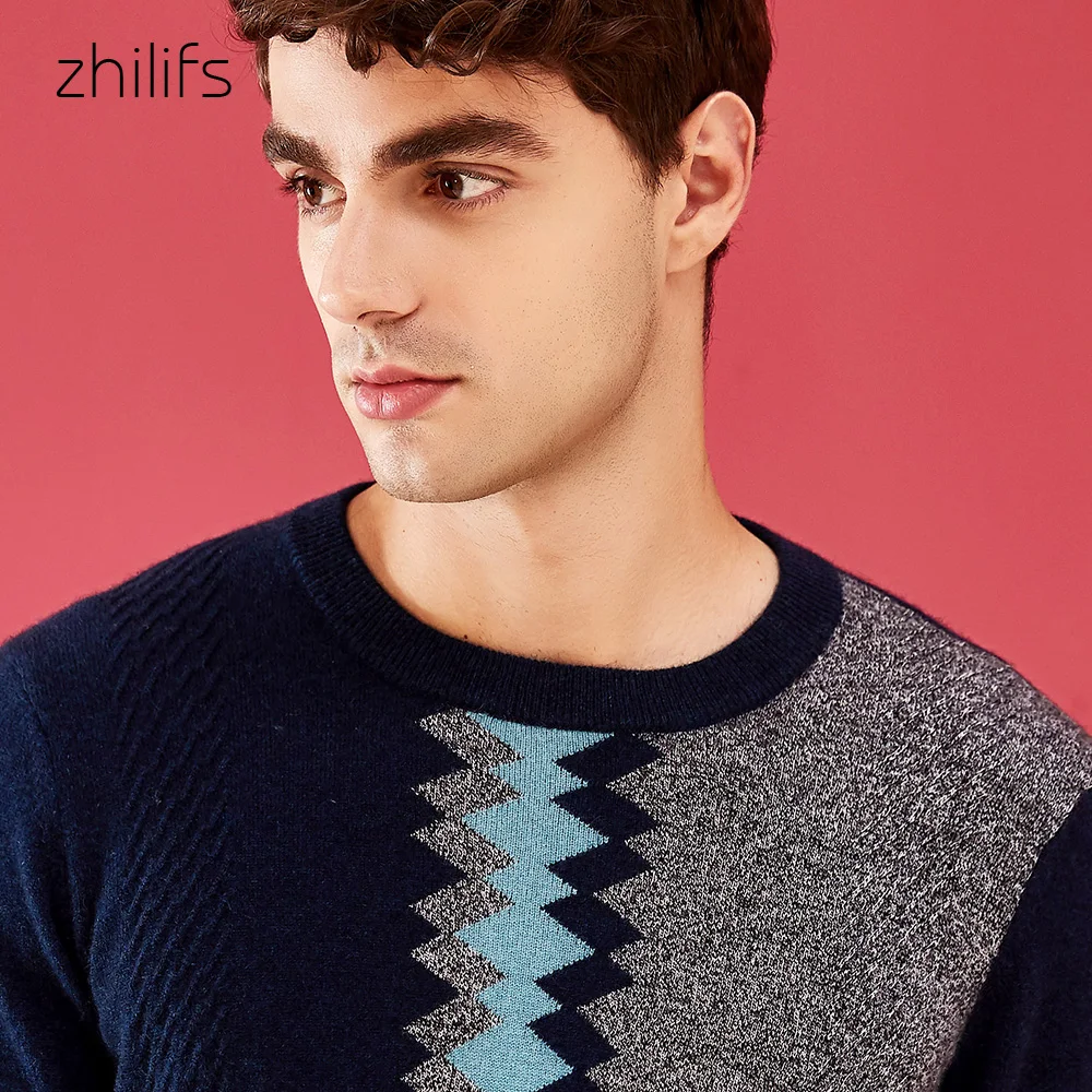 Zhilifs Men's stitching sweater 100% cashmere Diamond pattern casual wear Round neck long sleeve knit 2019 autumn winter | Мужская
