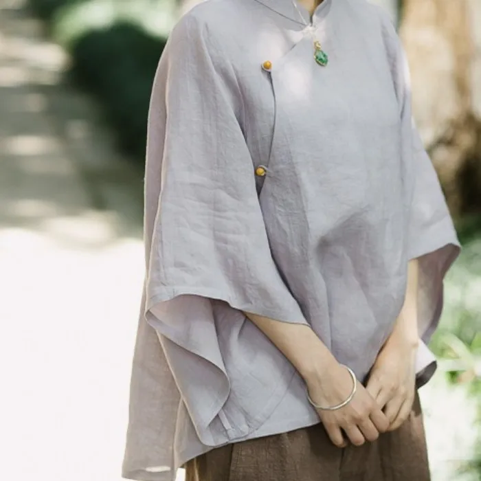 Женские винтажные рубашки из рами с рукавом-колокольчиком тонкие однотонные