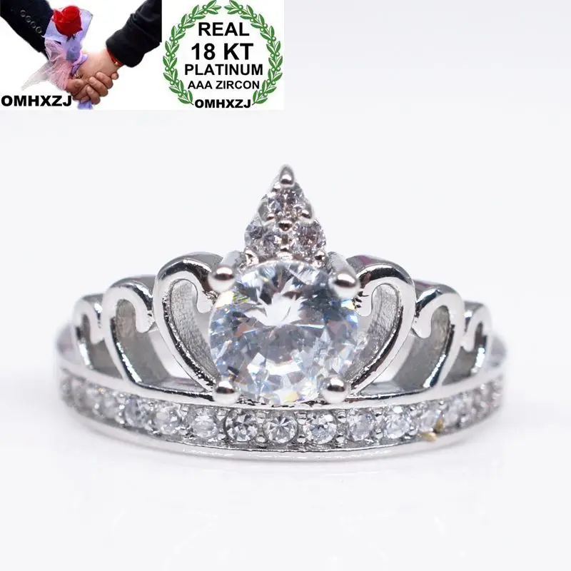

OMHXZJ Wholesale European Fashion Woman Girl Party Wedding Gift Simple Crown White Resizable Zircon 18KT White Gold Ring RR690