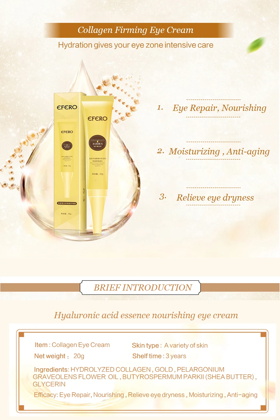 Snail Cream Moist Face Cream Whitening+Eye Cream Faced Anti Aging Anti Wrinkle+Crystal Collagen Eye Mask EFERO