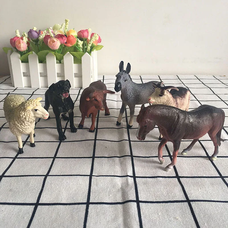 

6pcs/Set Simulated Farm Animal Sheep Dog Horse Donkey Ox Cow Set Animals Child Static Plastic Model Set Toys Gift For Children