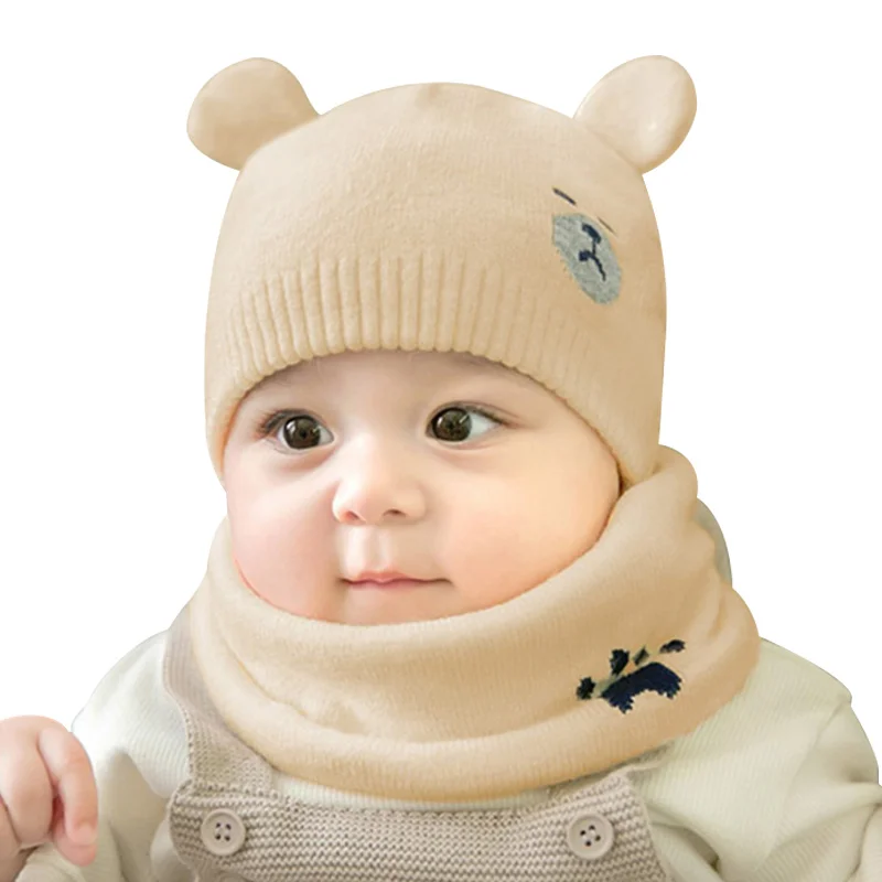 Cartoon Baby Hat Scarf Set Spring Cotton Beanie For Girls Cute Bear Soft Newborn Boys Clothing | Детская одежда и обувь