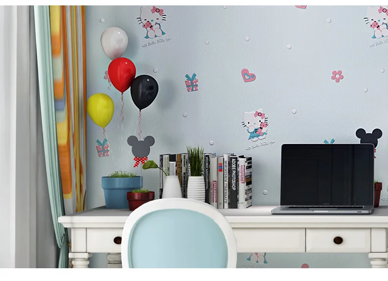 Милые обои для детской комнаты hello kitty, 3d обои для детской комнаты с милым мультяшным котом для маленькой девочки, обои для спальни, розовые синие обои Qz039