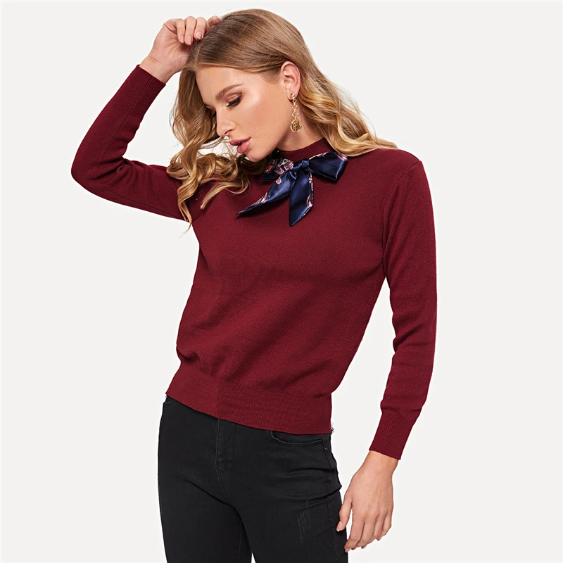 Sheinside, бордовый, осенний, однотонный, вязаный, украшение, свитера, мода, Женский пуловер с длинным рукавом, Повседневный, для девушек, джемпер, свитер