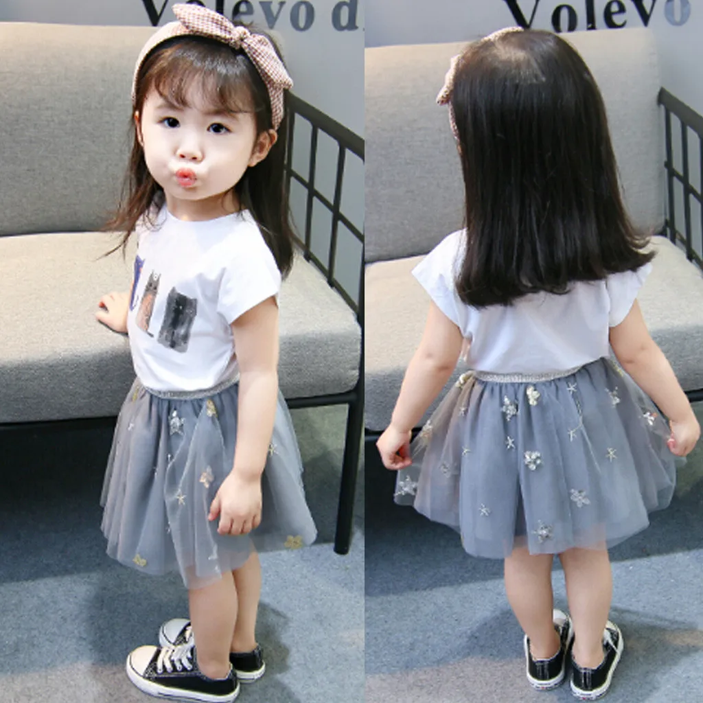 Toddler Baby Girls Cat Print T-Shirt Tops+Floral Star TuTu Tulle Skirts Outfits | Детская одежда и обувь