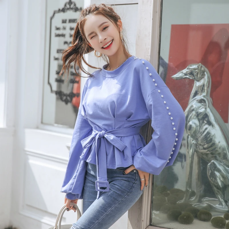 Vintage O-neck Pearl Sexy Blouse Shirt Sashes Lantern Sleeve Slim Waist Women Blouses 2018 Autumn Ruffles Blusas Female |