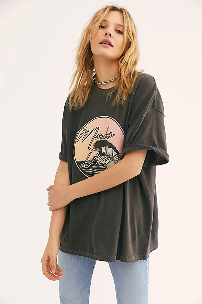 Богемный Вдохновленный Make Waves Boyfriend Tee Distressed trim Повседневная летняя футболка для женщин gypsy chic tee top негабаритная графическая футболка