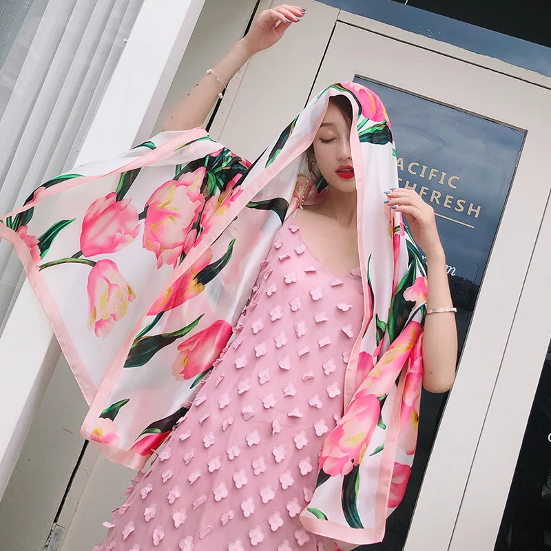KOI LEAPING new fashion flower pattern scarves female outside holiday silk scarf beach towel Sunscreen long gift |