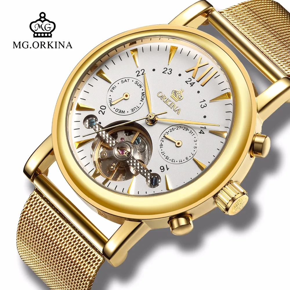 

Luxury Gold Metal Tourbillon Mechanical Wrist Watches Mg.orkina Mens Automatic Self Wind Auto Date Week Transparent Watch Clock