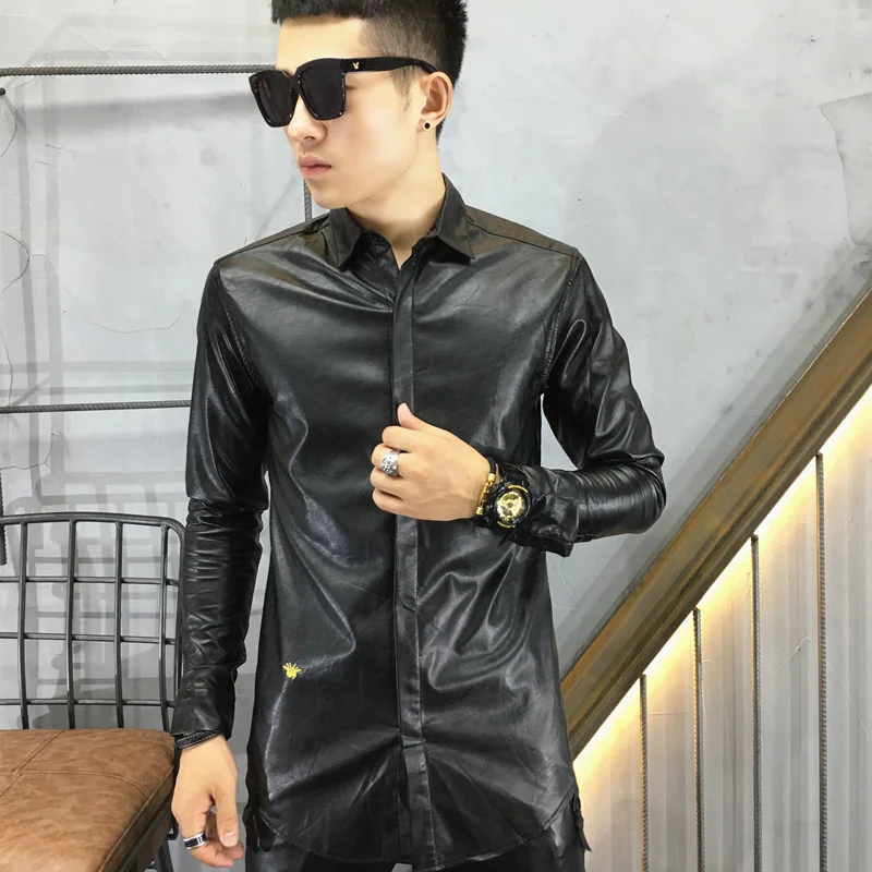 M-5XL 2018 New Men's clothing Hair Stylist GD high quality PU fashion personality leather shirt PLUS SIZE slim singer costumes