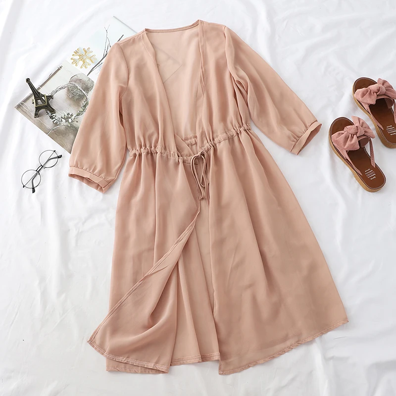 Женский шифоновый кардиган с полурукавами прозрачный летний лацканами Длинная