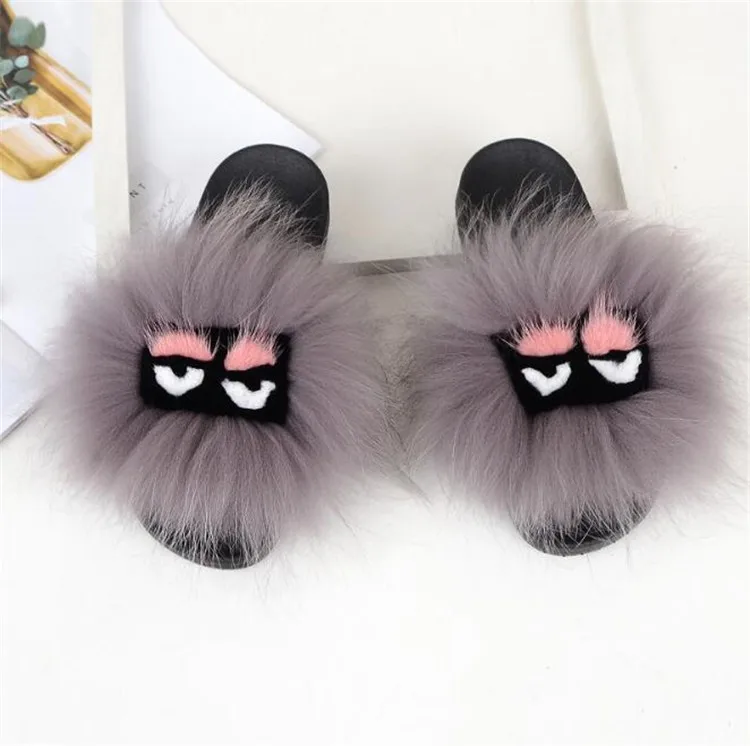 Fox hair Gray Новинка; женские шлепанцы с лисьим мехом; сезон лето; уличные шлепанцы с мехом; модные домашние тапочки с изображением маленького монстра; женские меховые тапочки; унисекс; большие размеры - Цвет: Fox hair Gray