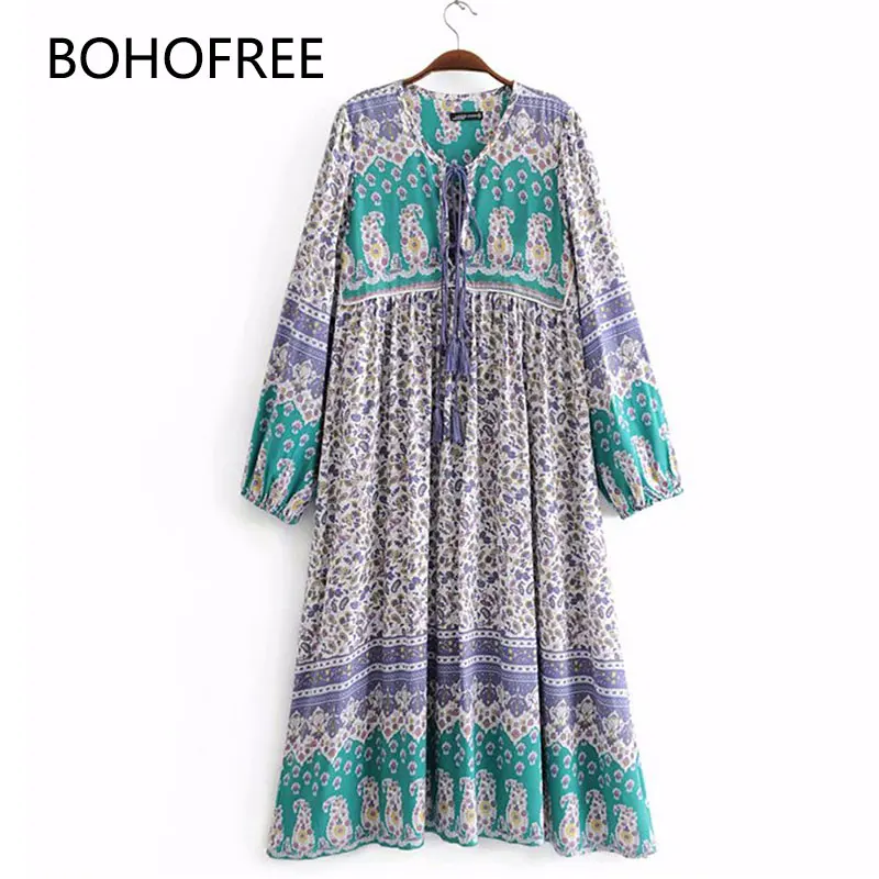 BOHOFREE длинное платье с цветочным принтом Mujer Boho Chic Макси хиппи Vestidos Femme хлопковое