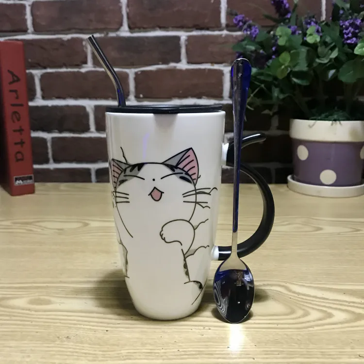 A with spoon straw Unibird 1 шт., милая кружка с рисунком кота из мультфильма, с соломенной ложкой и крышкой, Термостойкая керамическая чашка для молока и кофе, Подарочная фарфоровая чашка для девочек - Цвет: A with spoon straw