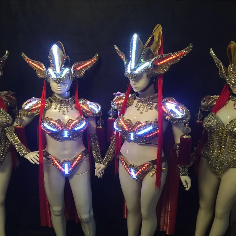 KS6 Singer ballroom dance led costumes luminous light headpiece dj dress glowing bikini wear catwalk stage outfits perform party | Дом и сад