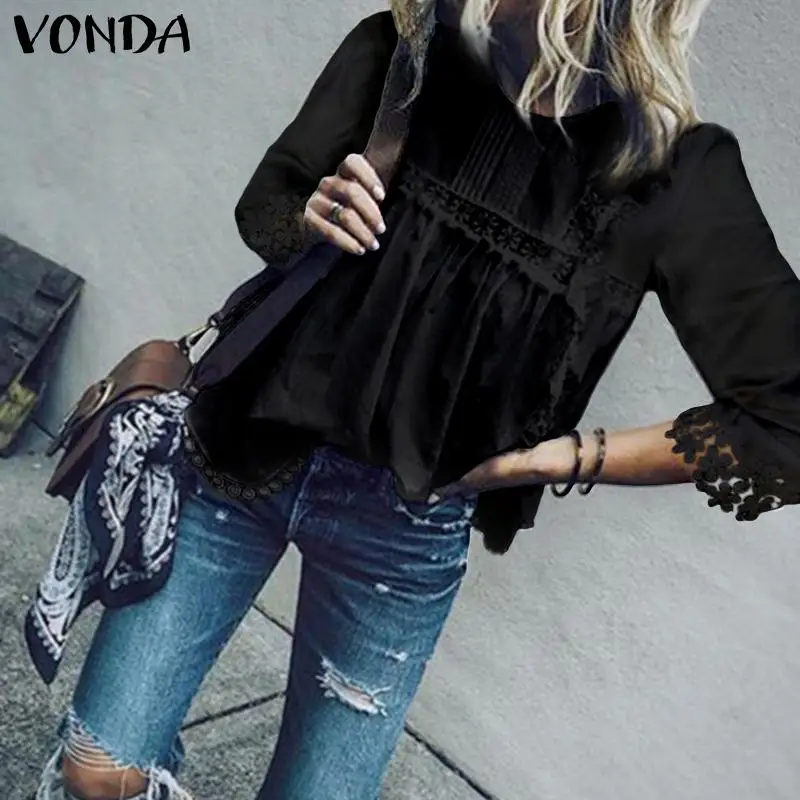 VONDA Женские топы и блузки Летняя Открытая блуза богемные Топы повседневные блузы с рукавом 3/4 Однотонная рубашка размера плюс туника