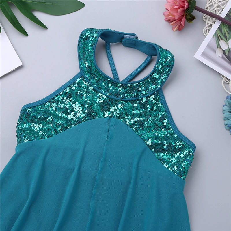 Girls Teens Halter Sequin Backless Ballet Dance Leotard Dress Kids Lyrical Contemporary Costume Gymnastics | Тематическая одежда и