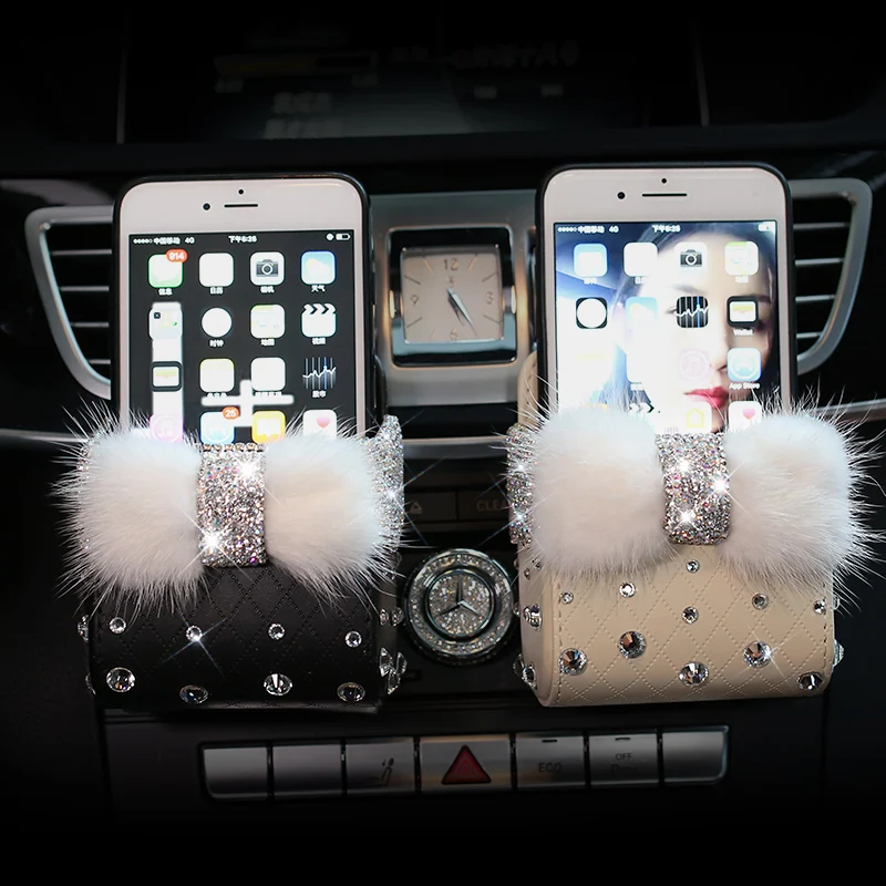 

Bowknot Mink fur Crystal Car Outlet Air Vent Trash Box Auto Mobile Phone Holder Rhinestones Pouch Organizer Hanging Storage Bag