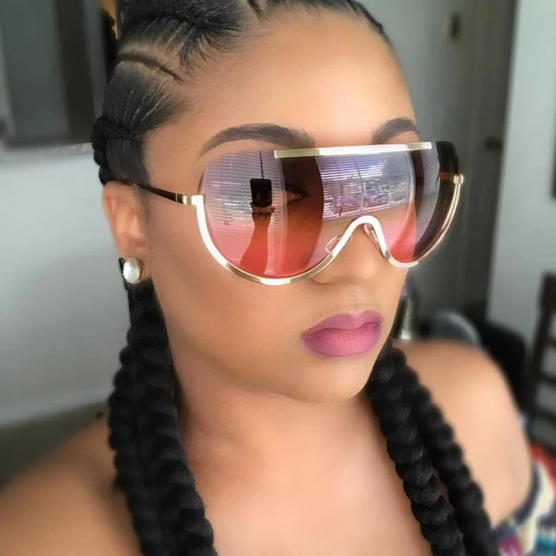 

New Oversize Shield Sunglasses Big Frame Alloy One Piece Sexy Cool Sun Glasses Women Gold Clear Eyewear Gradient N075