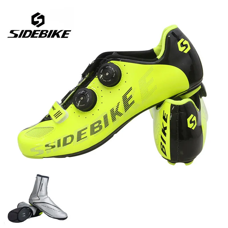 yellow with overshoe Sidebike/Мужская велосипедная обувь из углеродного волокна, обувь для велосипеда, самозакрывающаяся дышащая Ультралегкая велосипедная обувь, спортивные кроссовки - Цвет: yellow with overshoe