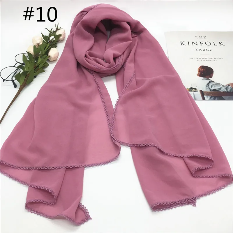number 10 colors Высокое качество простой пузырь шифон однотонный шали край крючка цветок Популярные Женщины хиджаб кашне в мусульманском стиле бандана - Цвет: number 10 colors