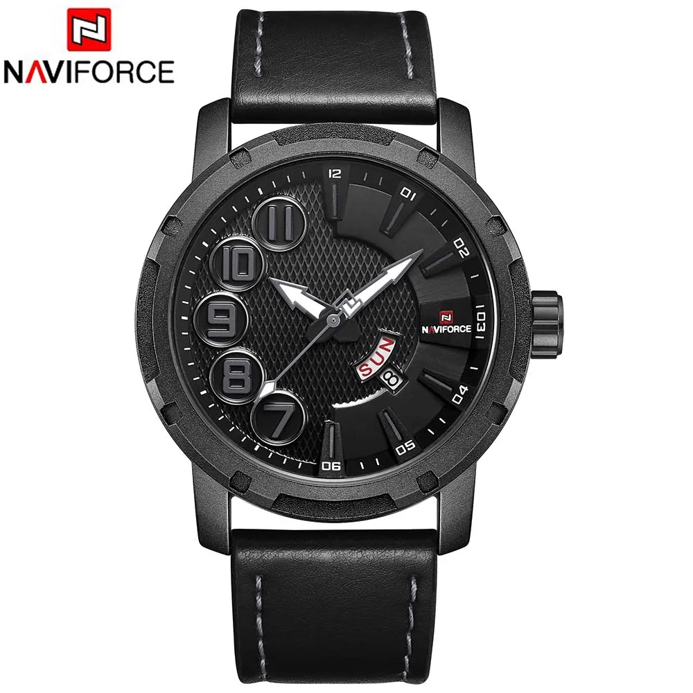 Черный NAVIFORCE лучший бренд класса люкс Мужские часы Мужские кожаные Наручные часы мужские часы с датой недели кварцевые модные часы Montre Homme Relogio Masculino - Цвет: Черный