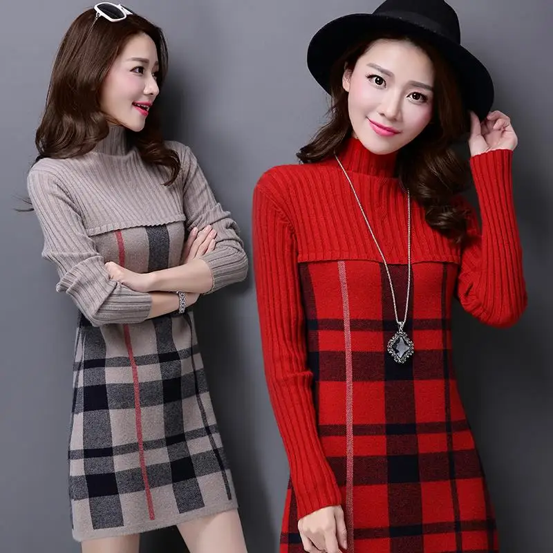 Turtleneck Plaid Long Sweater Dress for Woman Autumn Winter Patchwork Fashion Slim Computer Knitted Woolen Female | Женская одежда