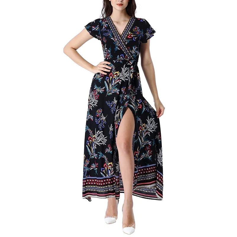 Vfemage Women Petite Sexy Summer Boho Floral Print Ruffle Frill Sleeve Pocket Split Casual Beach Party Wrap Maxi Long Dress 3206