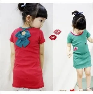 Free postage! 2013 summer new girls lovely bowknot is green and red mini dress with short sleeves 4 pieces/batch | Детская одежда и