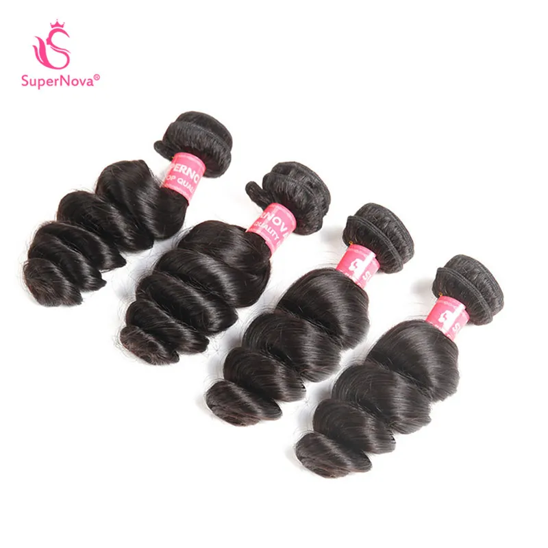 Supernova Hair 100% Human Bundles With Closure 4 Brazilian Loose Wave Weave Natural Black Remy Extension |