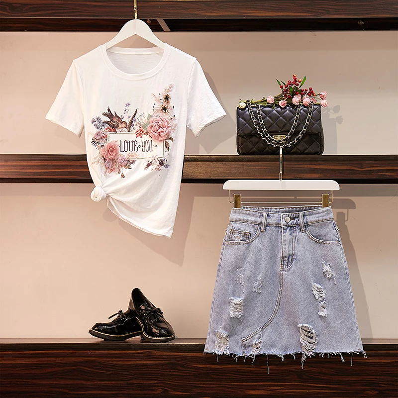 HAMALIEL Women T shirt Skirts Suit Summer 3D Floral Birds Embroidery Sequined T-shirt + Denim Hole Tassel A-Line Clothing Set | Женская