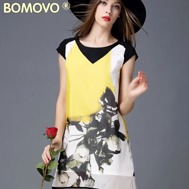 queen 2015 summer women new european and american big round neck short sleeve dress printed organza a-line |