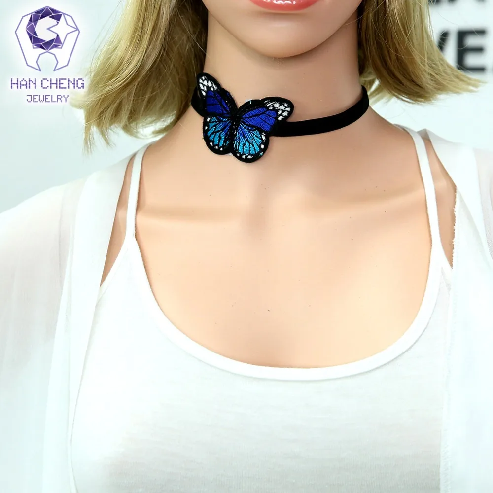 HanCheng Новое модное ожерелье чокер с бабочкой из ленты женское вышитое эластичная