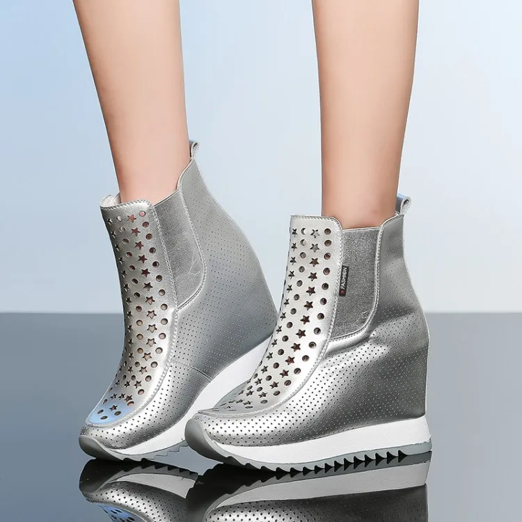 

Genuine Leather Fashion Womens Ankle Boots Hollow Shoes Wedges High Heels Lady Platform shoes Female Breathable summer boots