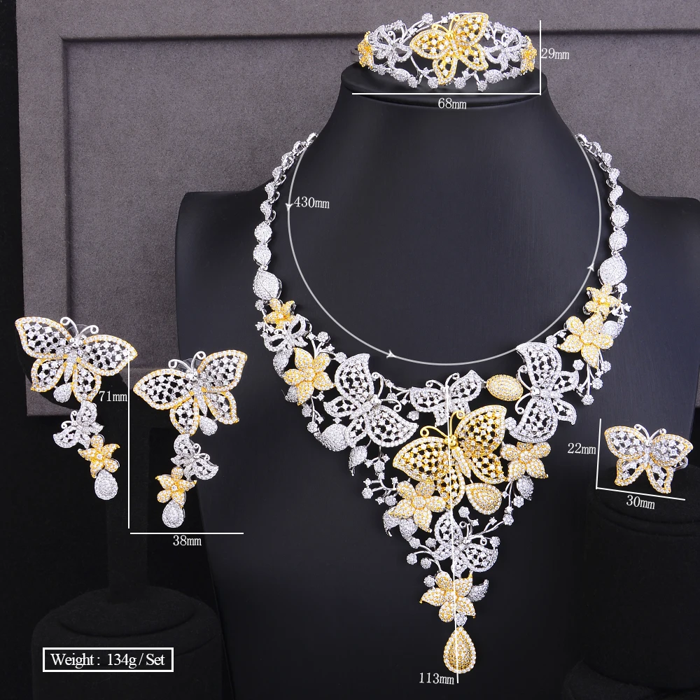 4 PCS Romantic Full Butterfly Sweet Women Engagement Wedding Necklace Earrings Bracelet Ring Jewelry Sets Paved CZ Shiny | Украшения и