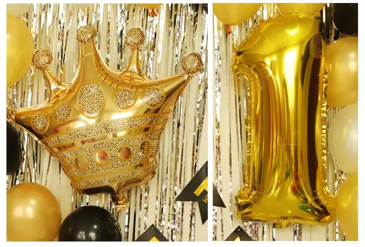 

Luxurious first birthday decoration balloon set for birthday party Gold foil crown latex balloon black paper birthday banner