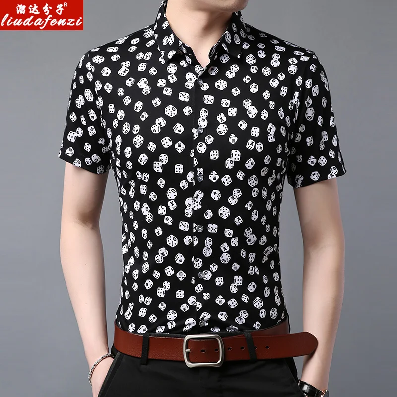 Summer Short Sleeve Shirt Mercerized Cotton Printed Dot Top for Middle-aged Men in | Мужская одежда