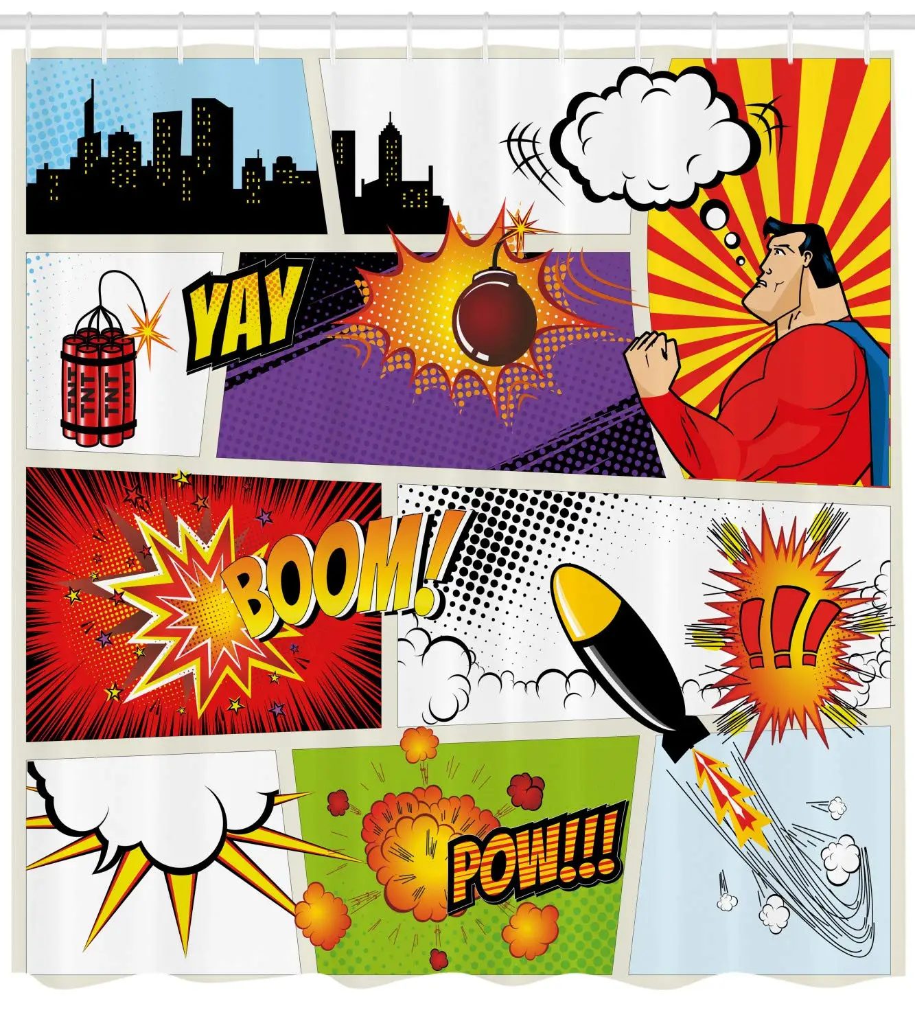 Супергерой занавеска для душа Ретро комиксы речи пузыри макет символы звуковые