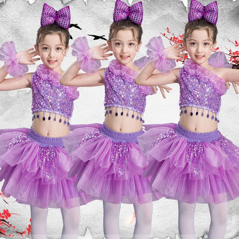 children's dance stage costume for girls modern kids jazz costumes sequin clothes salsa contemporary | Тематическая одежда и