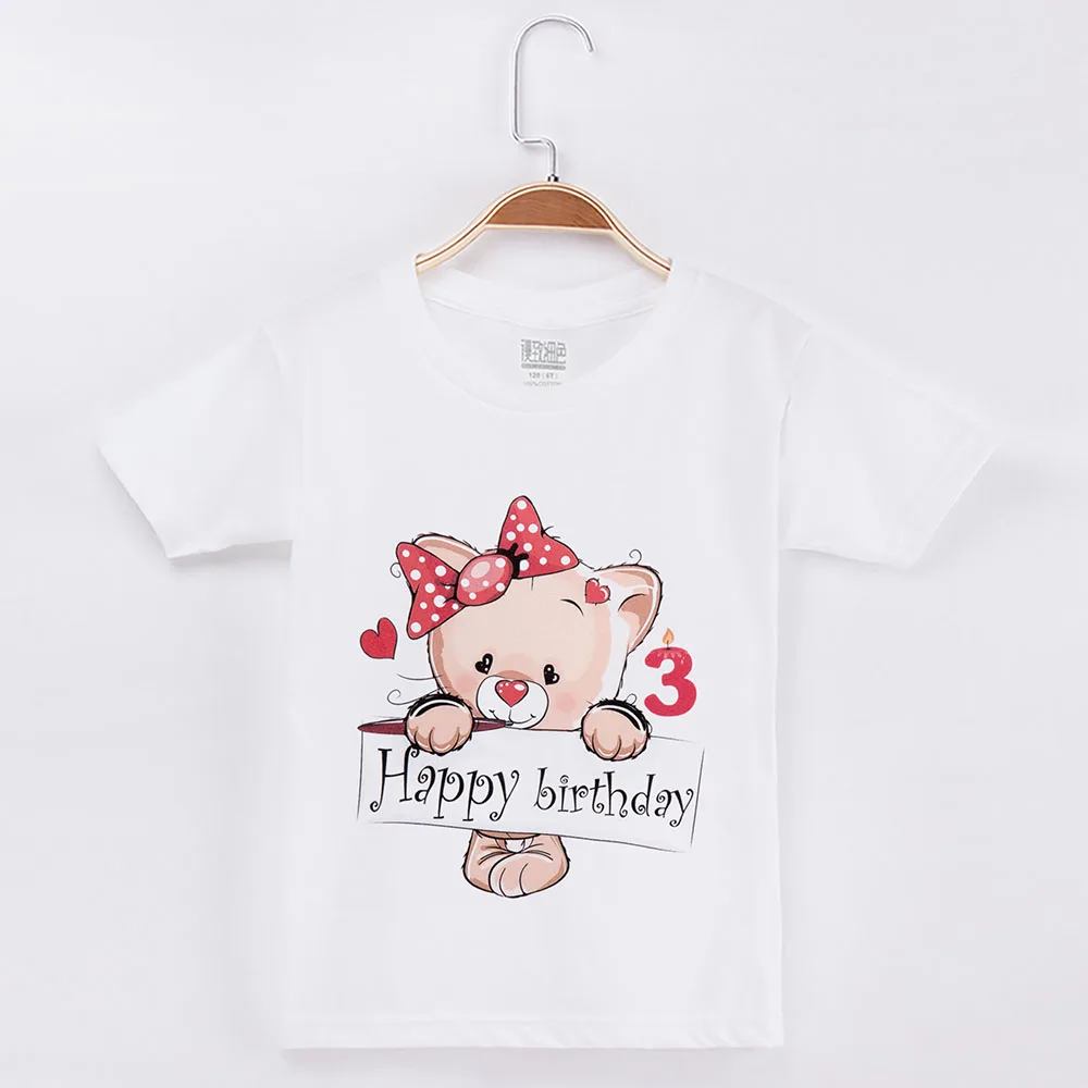 Детская футболка белые От 1 до 13 лет с днем рождения Kawaii Bear хлопковые короткие детские футболки топы для девочек, одежда для маленьких мальчиков, футболка - Цвет: White 3Y