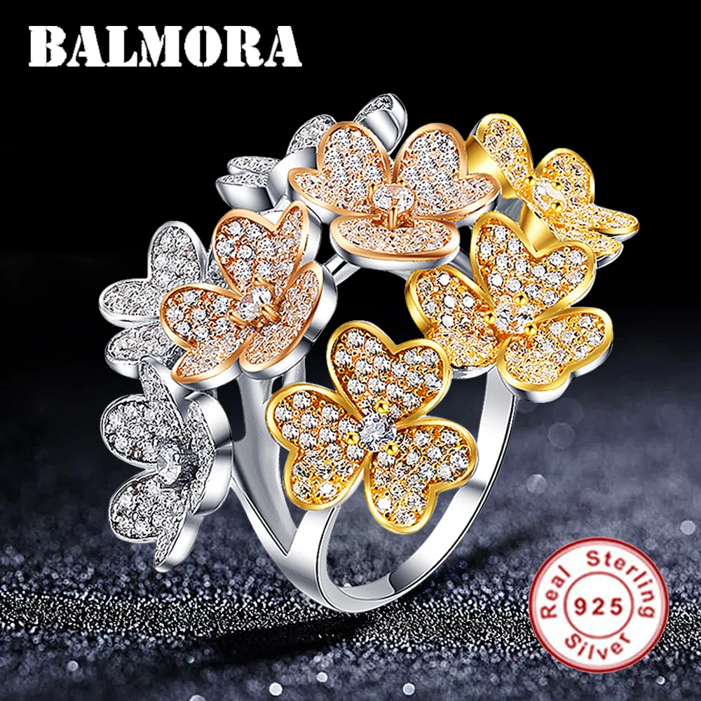 BALMORA, Настоящее 925 пробы, серебро, креативный цветок, циркониевые кольца для женщин, подарок для любимой девушки, модное ювелирное изделие, Anillos JWSR1879