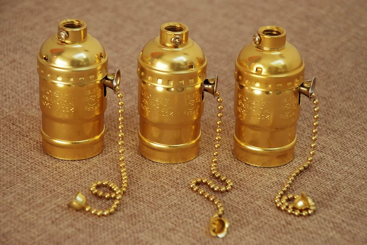 Gold zipper switch Винтаж Edison лампа держатель E27 лампа розетка выключатель с цепочкой Ретро алюминиевая Подвесная Лампа баз потолочный светильник розетка 3 предмета в комплекте - Цвет: Gold zipper switch