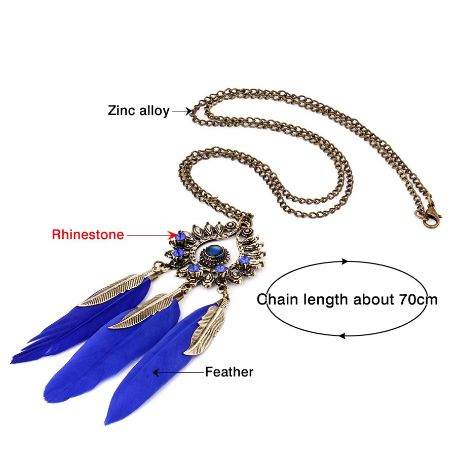 

Vintage Bohemian Blue Feather Tassel Long Chain Necklaces For Women Rhinestone Hollow Drop Pendant Necklaces