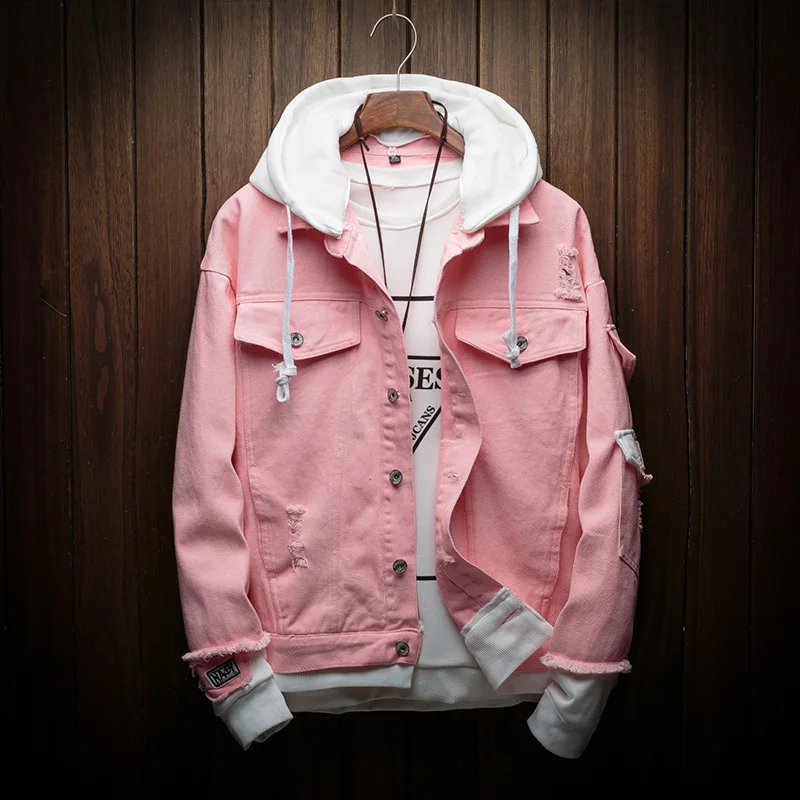 

Spring Autumn Hooded Denim Jacket Men Fashion Fake Two Pieces Of Streetwear Bomber Jacket and Coat Man Cowboy Clothes Male M-3XL