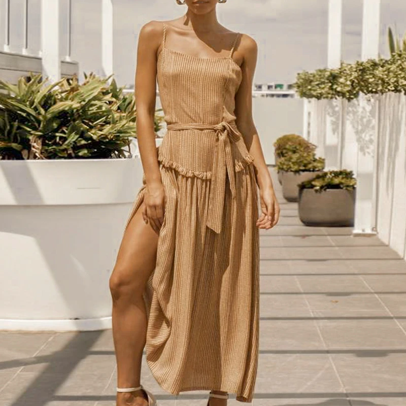 Melegant Bow Ruffle Sexy Spaghetti Strap Summer 2019 Women Dress Casual Beach Maxi Dresses Female Stripe Long Vestidos | Женская одежда
