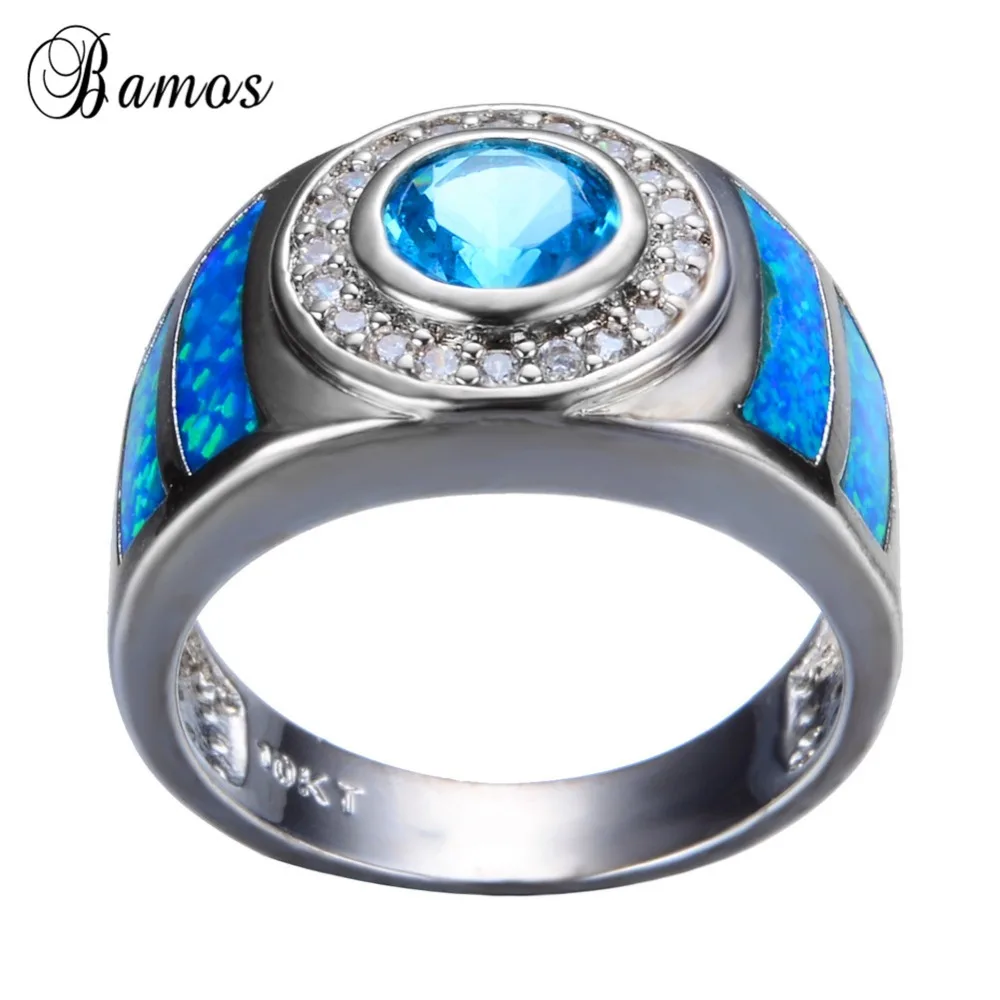 Bamos Vintage White Gold Filled Geometric Ring Luxury Blue Fire Opal Cocktail Crystal Jewelry Wedding Bands For Couples | Украшения и