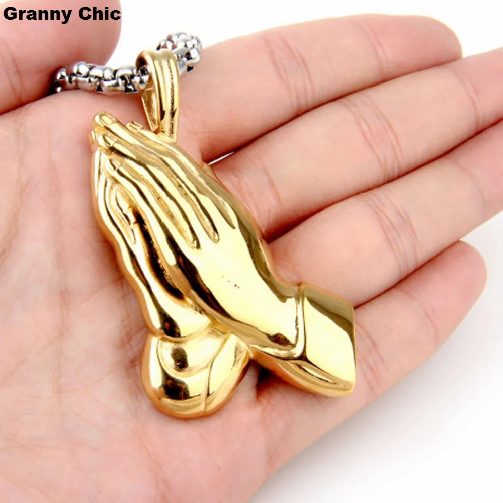 Granny Chic Mens Jewelry Yellow Gold Stainless Steel Prayer Palm Religious Pendant Box Necklace | Украшения и аксессуары