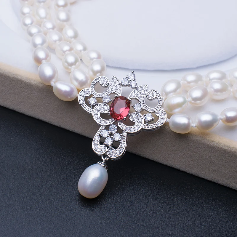 7 8 мм Rice натуральный пресноводный жемчуг 3 ряда ожерелье элегантное дамское