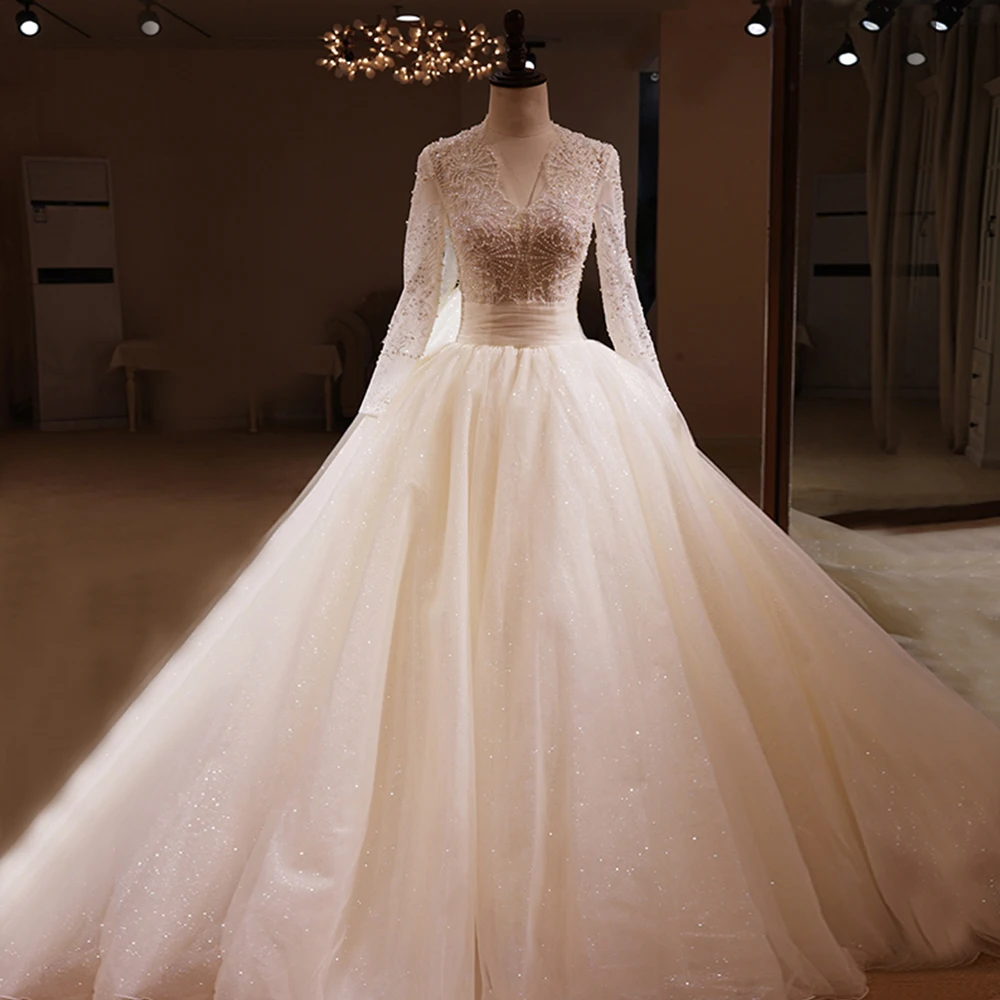 Свадебные платья с длинным рукавом Vestido De Noiva бисероплетение кружева Блестящие